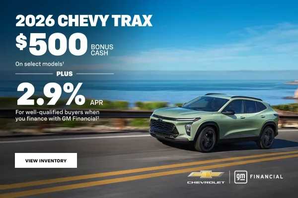 2026 Chevy Trax. $500 Bonus Cash on select models + 2.9% APR